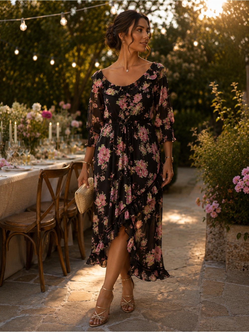 ASOS Black Floral Off-Shoulder High-Low Dress with Pink Roses